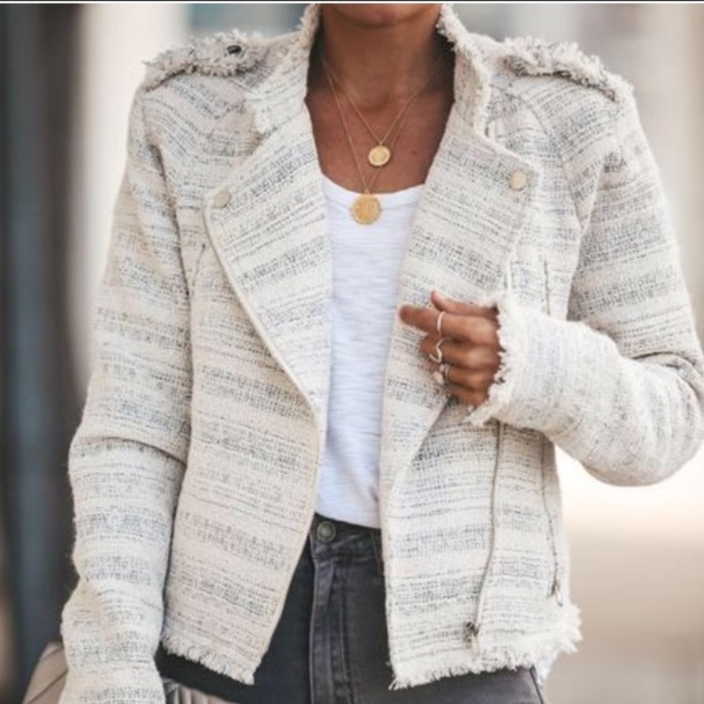 VICI off-white and silver tweed moto jacket lined S